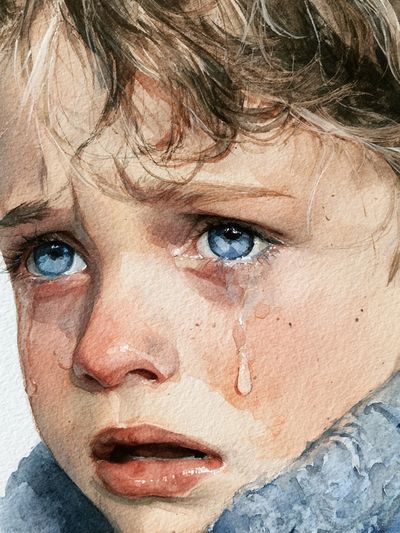 Crying Child Watercolor Portrait Print. poster