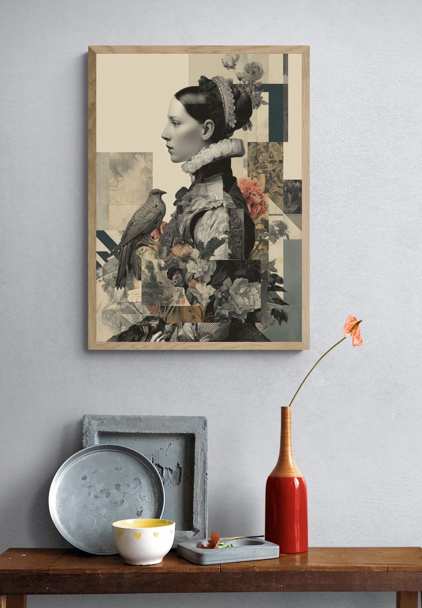 Elegant Woman with Bird — Fine Art Print. — room view 3