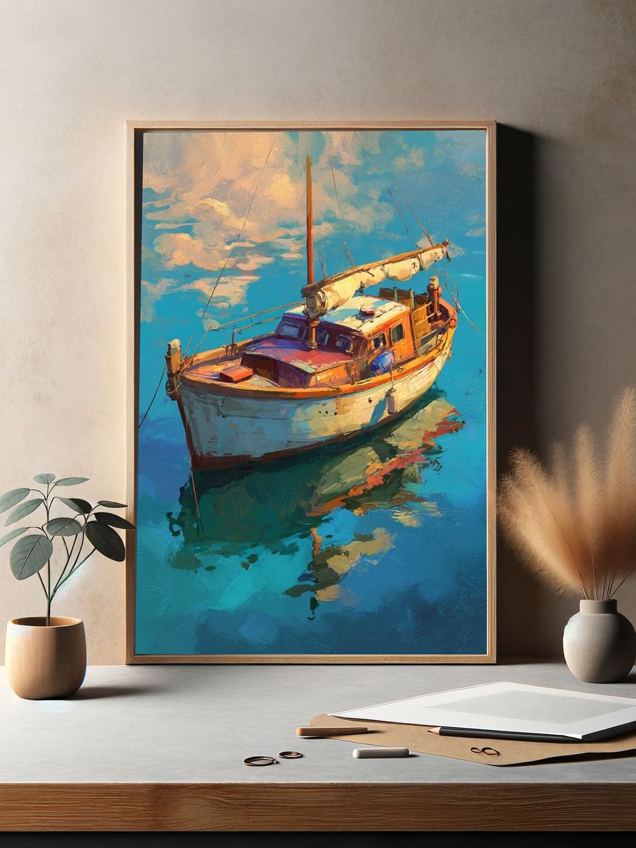 Sailboat Harbor Impressionist Print. — room view 2