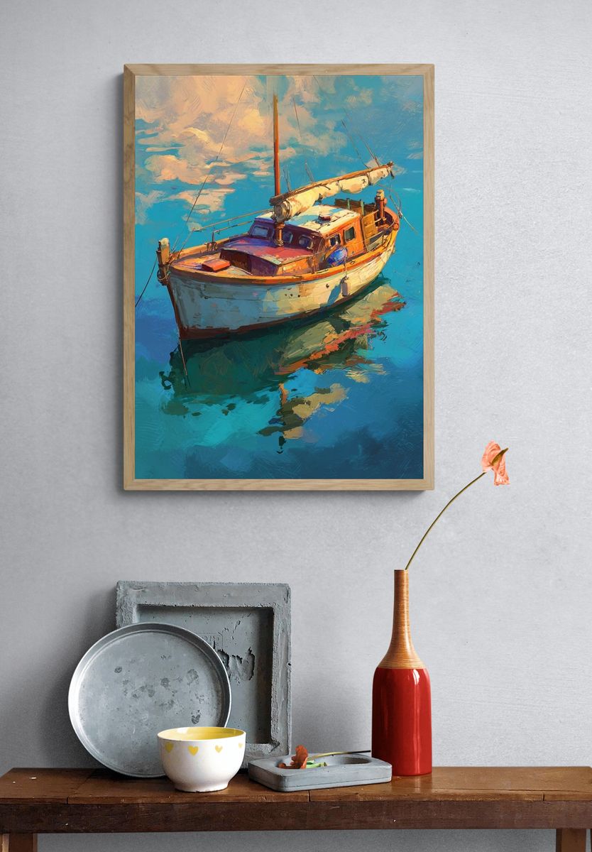 Sailboat Harbor Impressionist Print. — room view 3