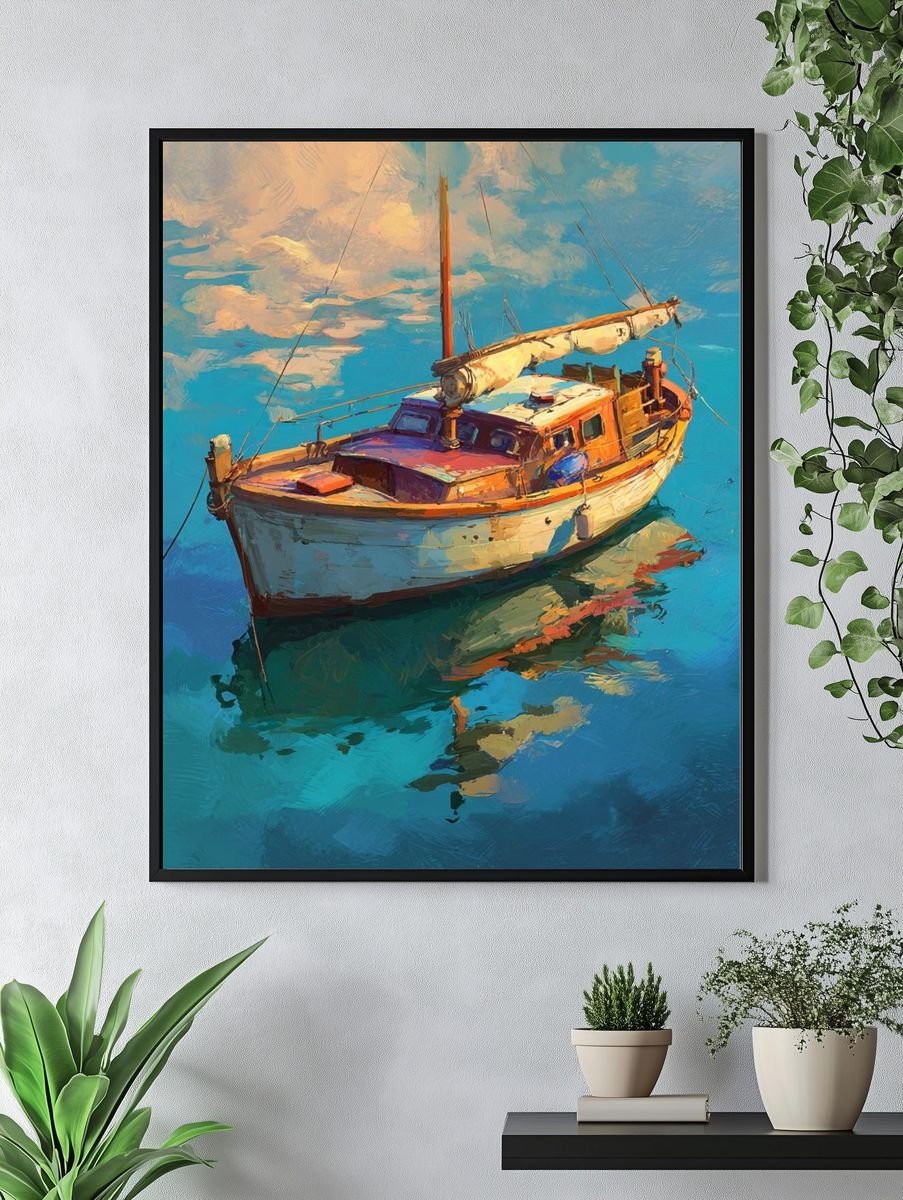 Sailboat Harbor Impressionist Print. — room view 4