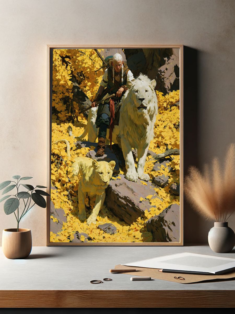 Lion Rider Fantasy Painting Poster. — room view 2