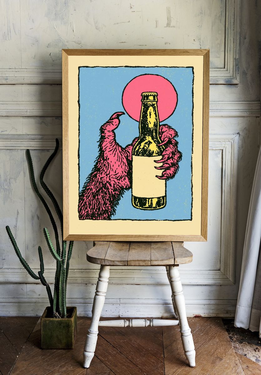 Furry Hand Holding Bottle Print. room preview