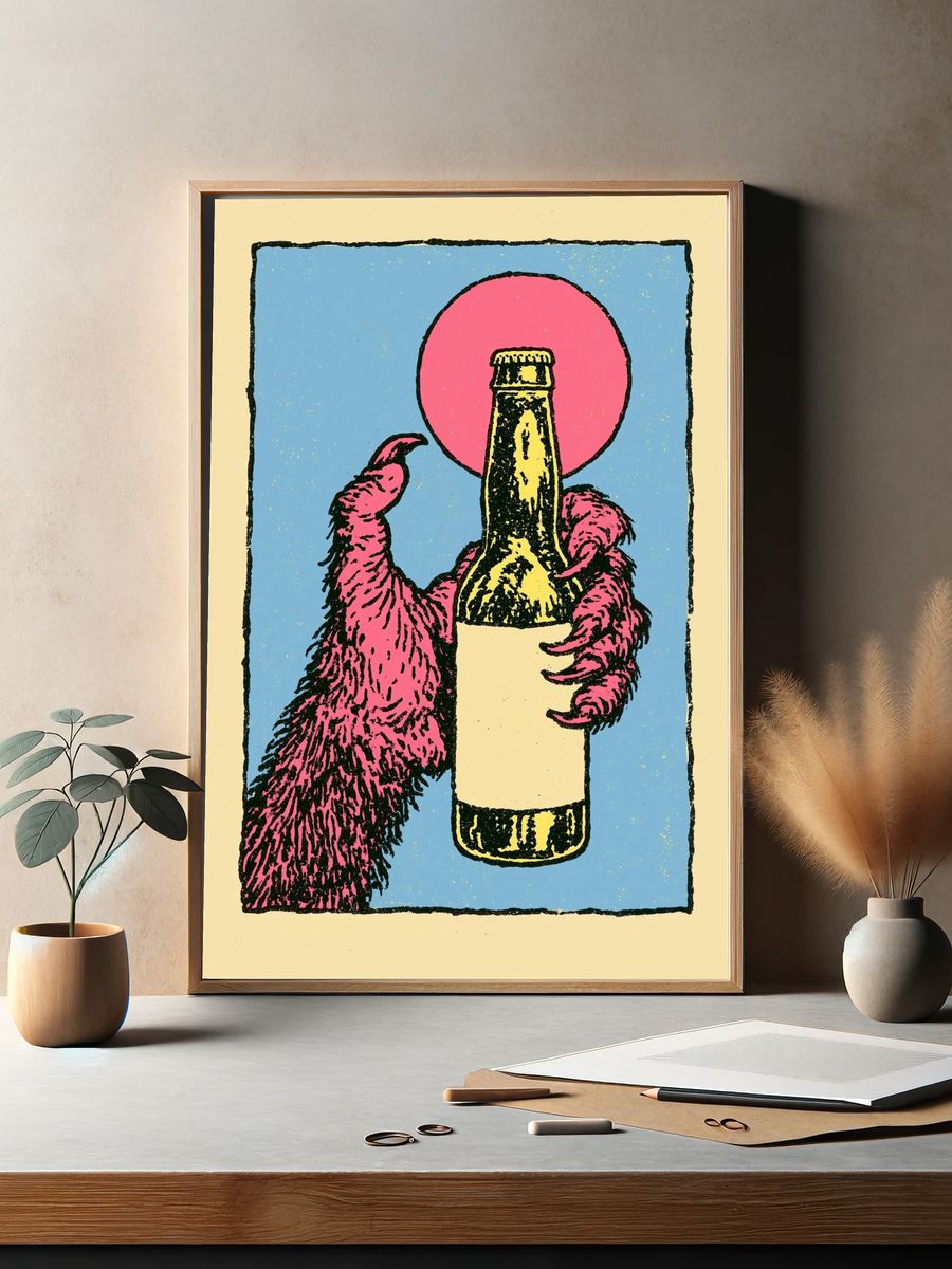 Furry Hand Holding Bottle Print. — room view 2