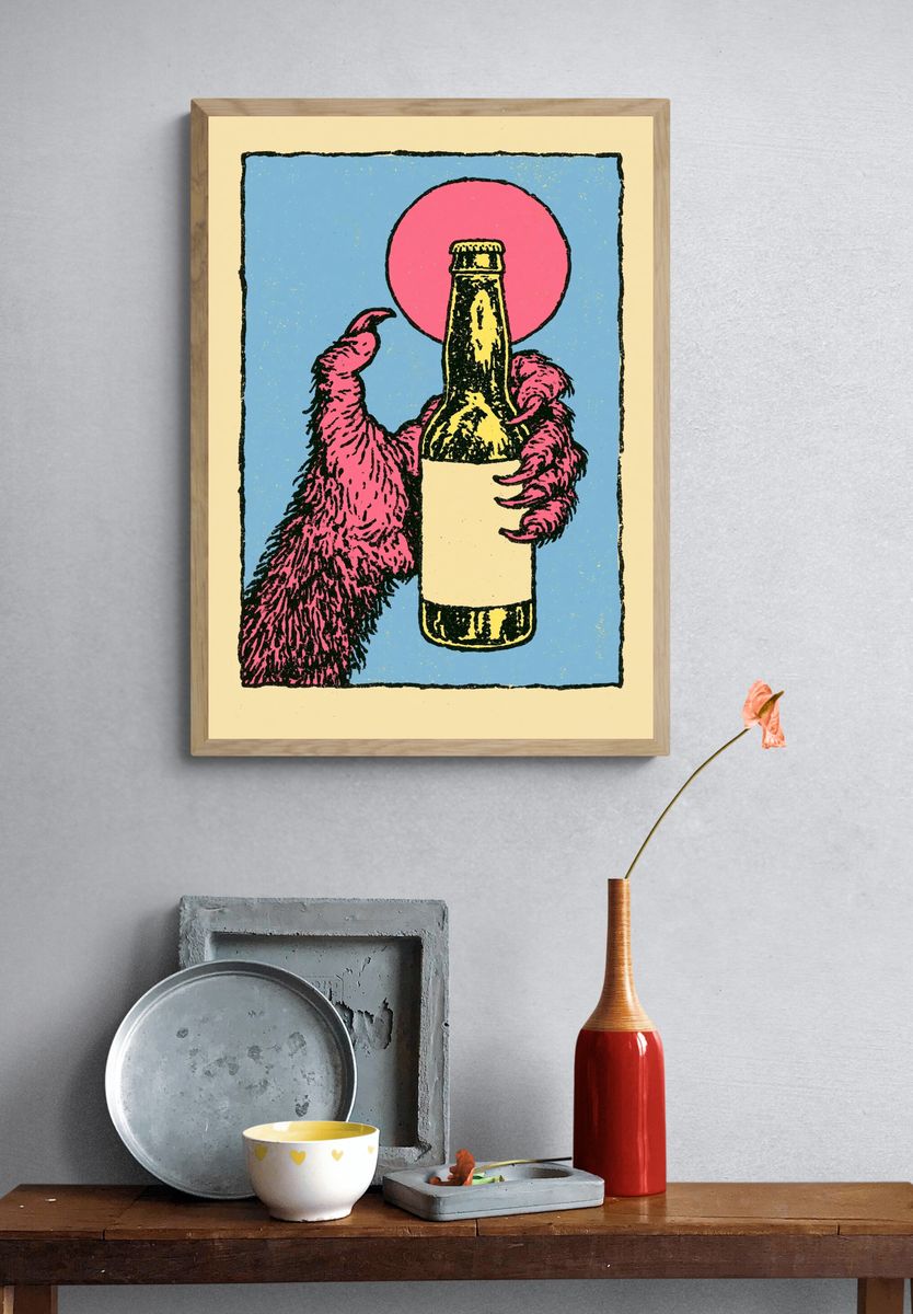 Furry Hand Holding Bottle Print. — room view 3