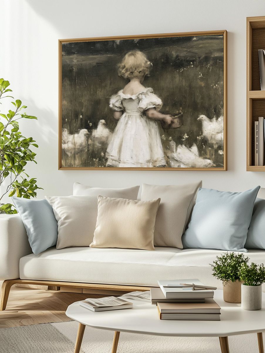 Girl with Chickens Fine-Art Poster. — room view 2