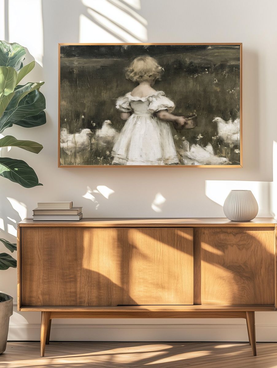 Girl with Chickens Fine-Art Poster. — room view 3