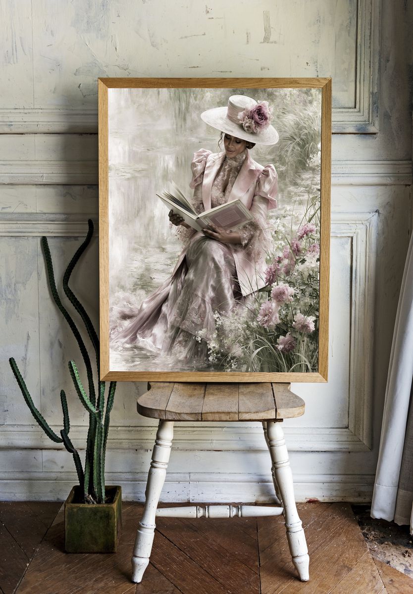 Elegant Lady Reading Floral Print. room preview