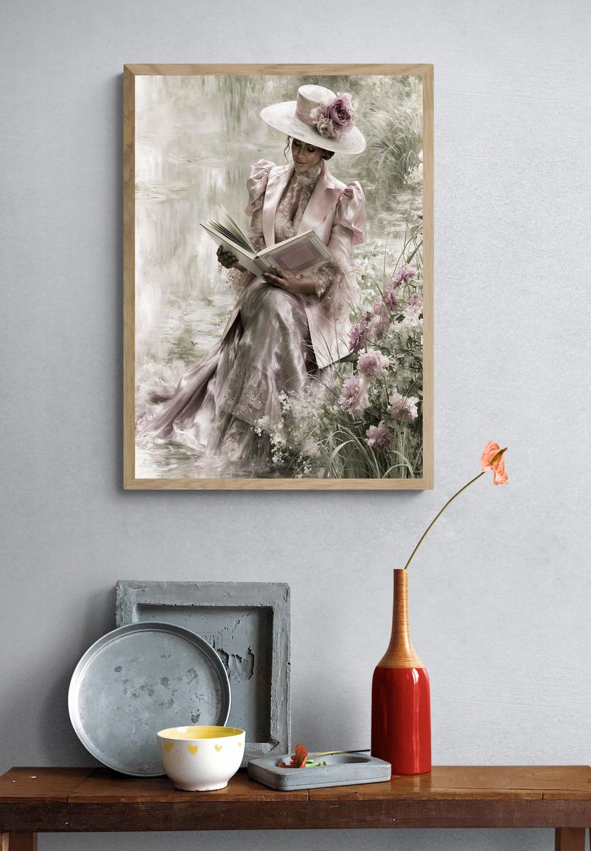 Elegant Lady Reading Floral Print. — room view 3