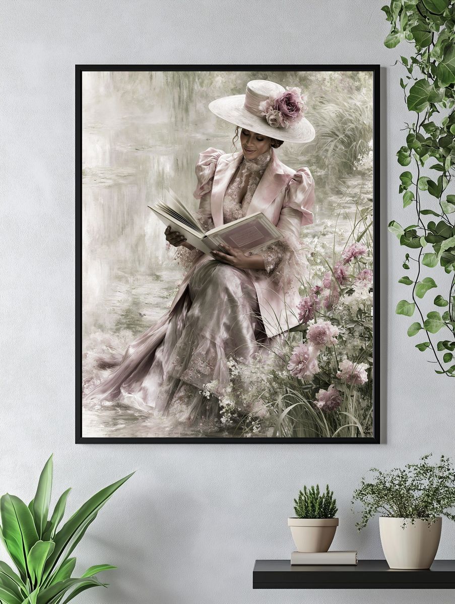 Elegant Lady Reading Floral Print. — room view 4