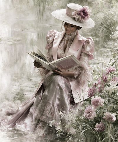Elegant Lady Reading Floral Print.