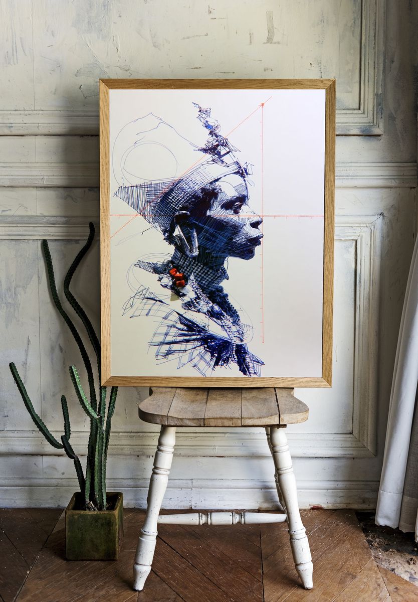 Abstract Blue Portrait Print. room preview