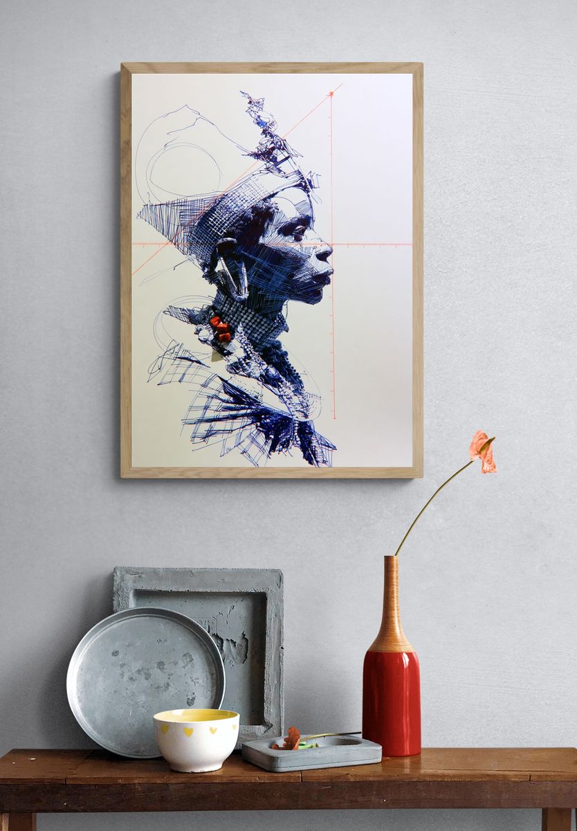 Abstract Blue Portrait Print. — room view 3