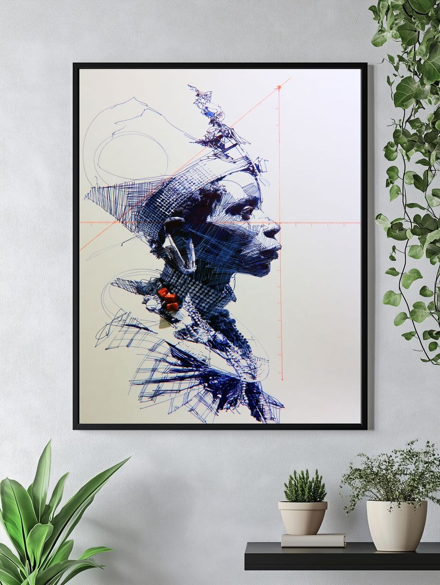 Abstract Blue Portrait Print. — room view 4