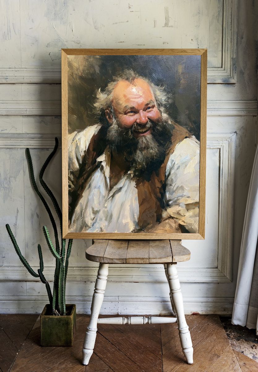 Laughing Bearded Man Portrait Print. room preview