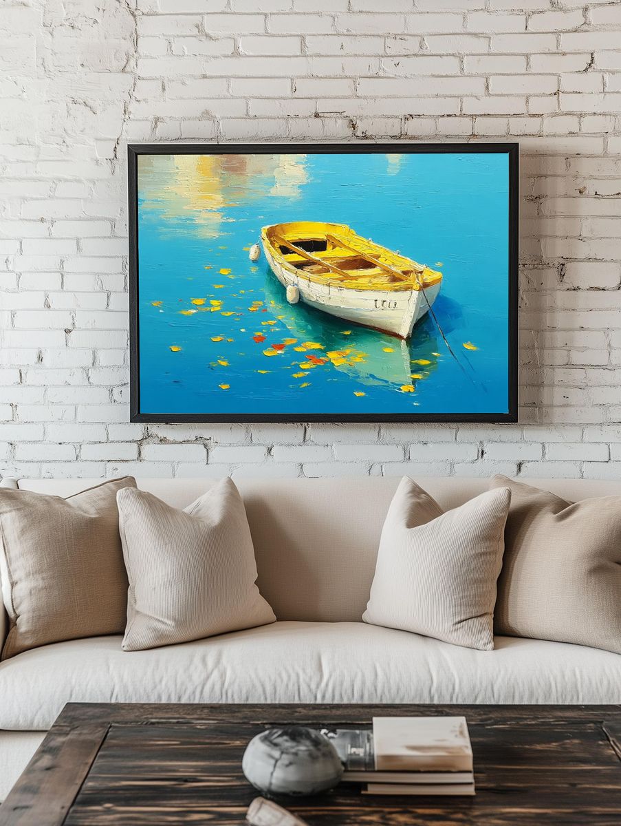 Yellow Boat on Blue Water Print. room preview