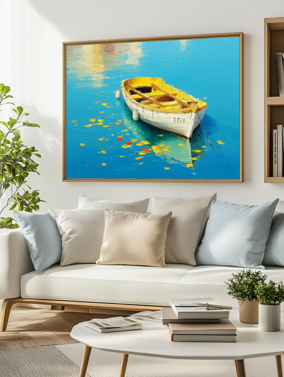 Yellow Boat on Blue Water Print. — room view 2