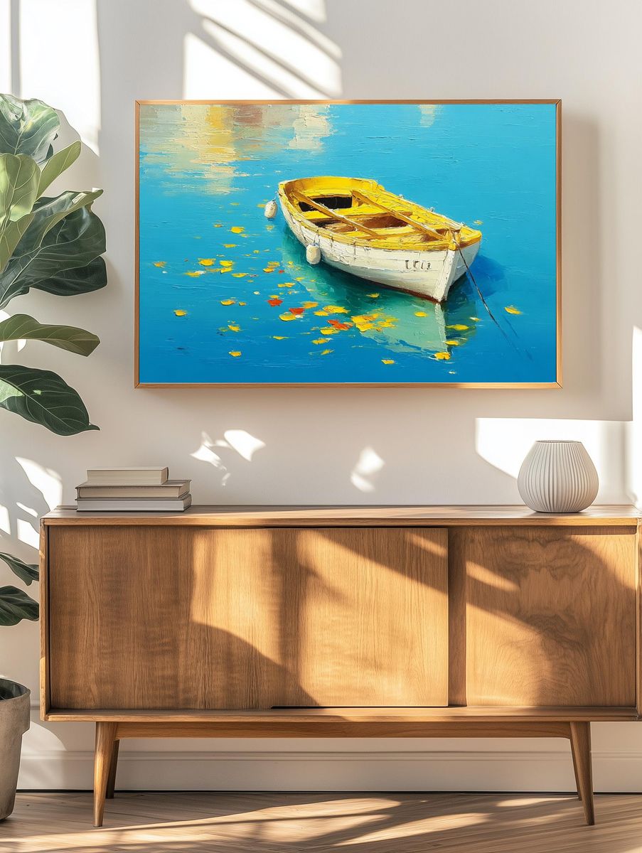 Yellow Boat on Blue Water Print. — room view 3