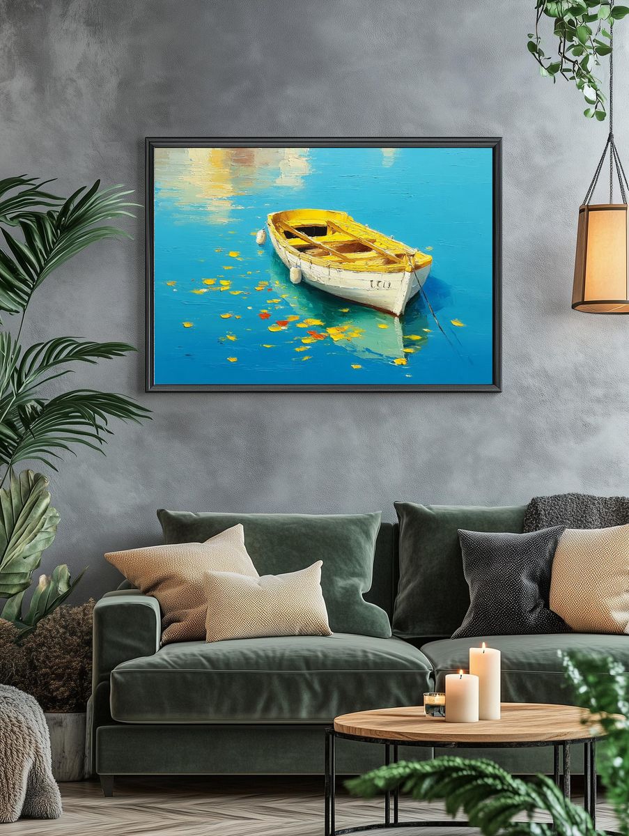 Yellow Boat on Blue Water Print. — room view 4