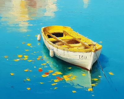 Yellow Boat on Blue Water Print.