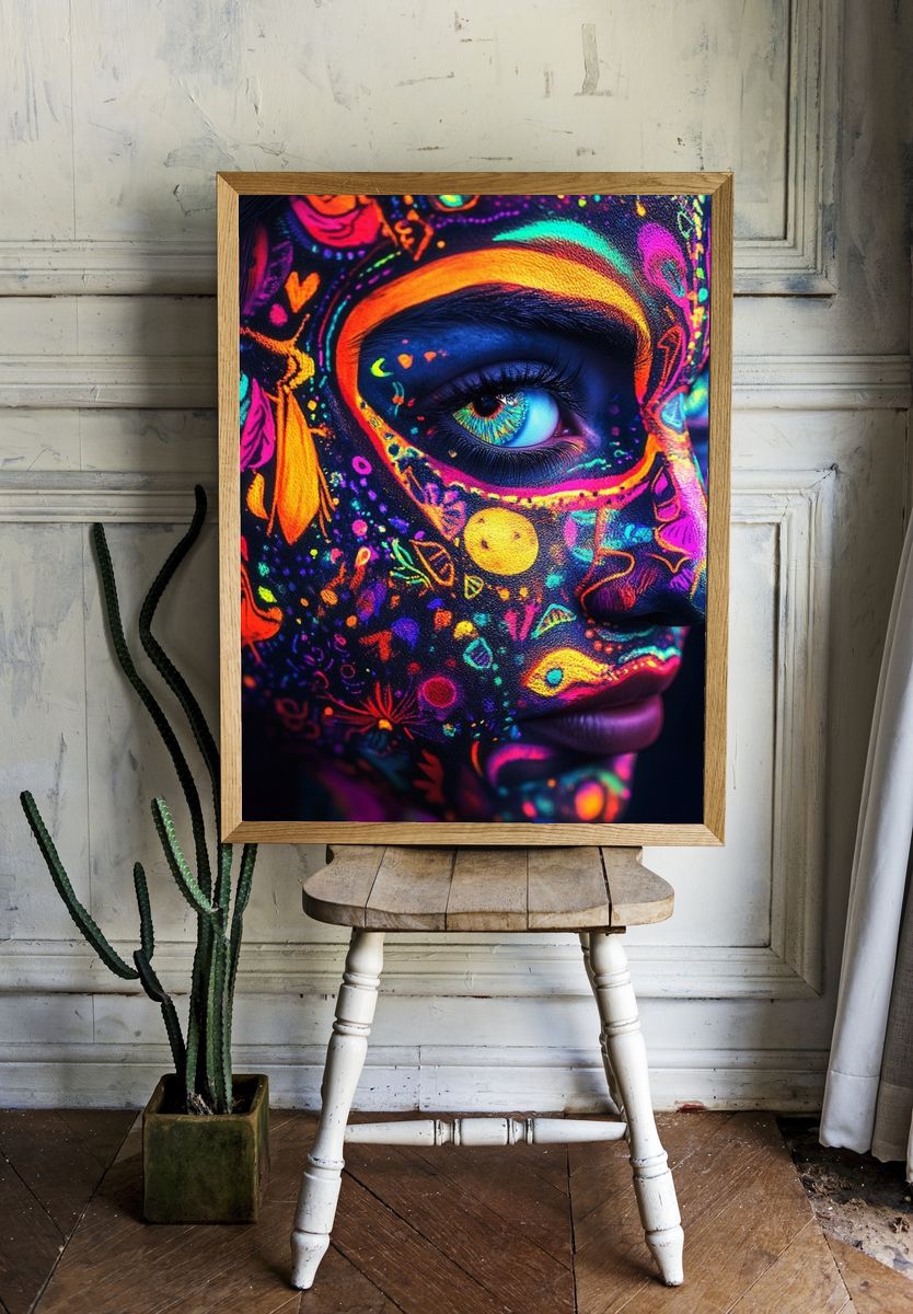 Neon Face Paint Portrait Print. room preview