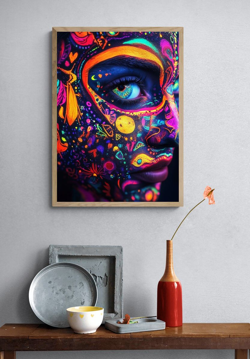 Neon Face Paint Portrait Print. — room view 3