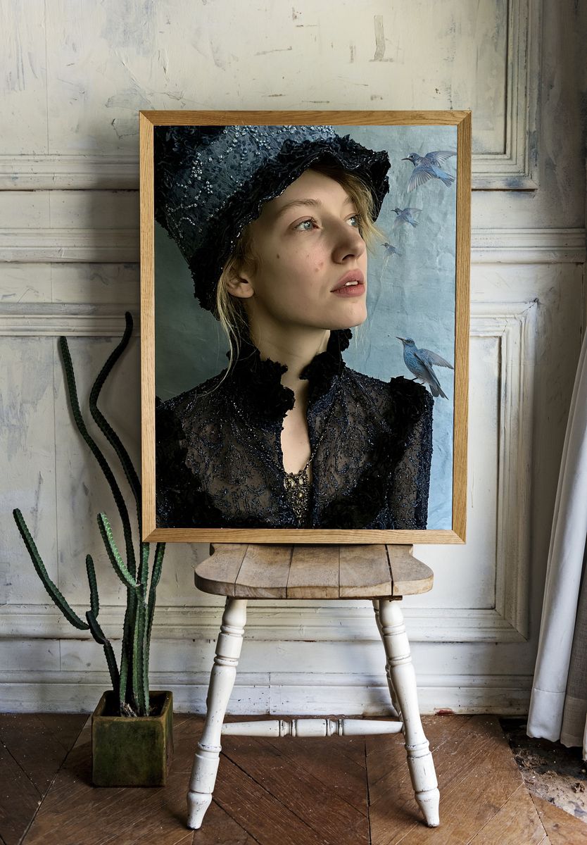 Blue Birds Portrait Print. room preview