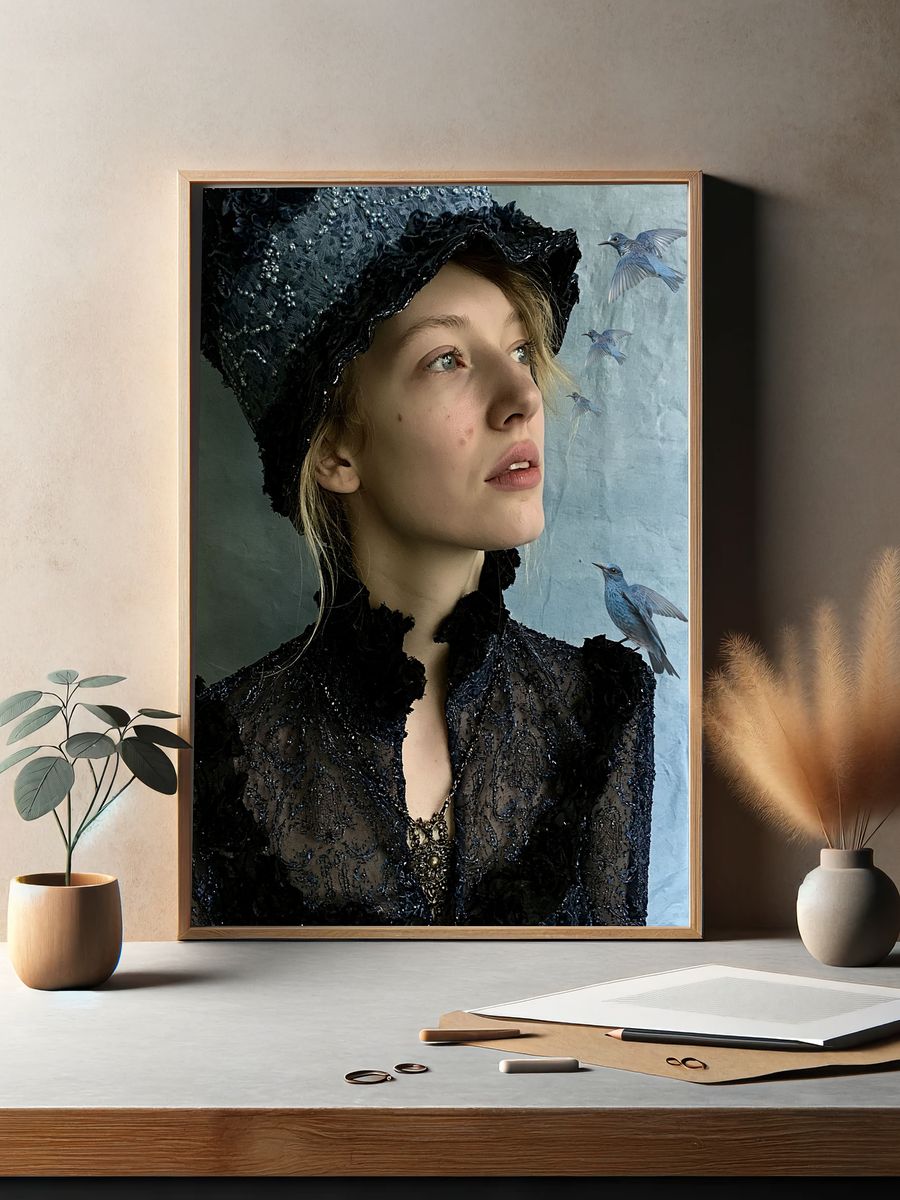 Blue Birds Portrait Print. — room view 2