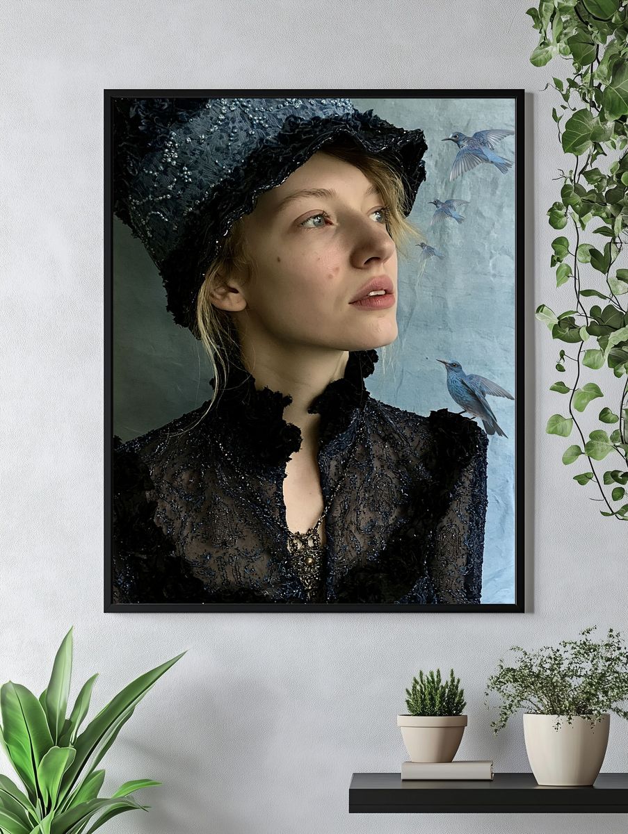 Blue Birds Portrait Print. — room view 4