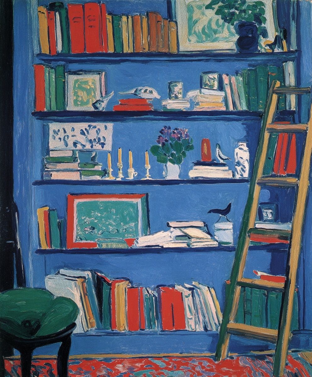 Blue Bookshelf Interior Poster. poster detail