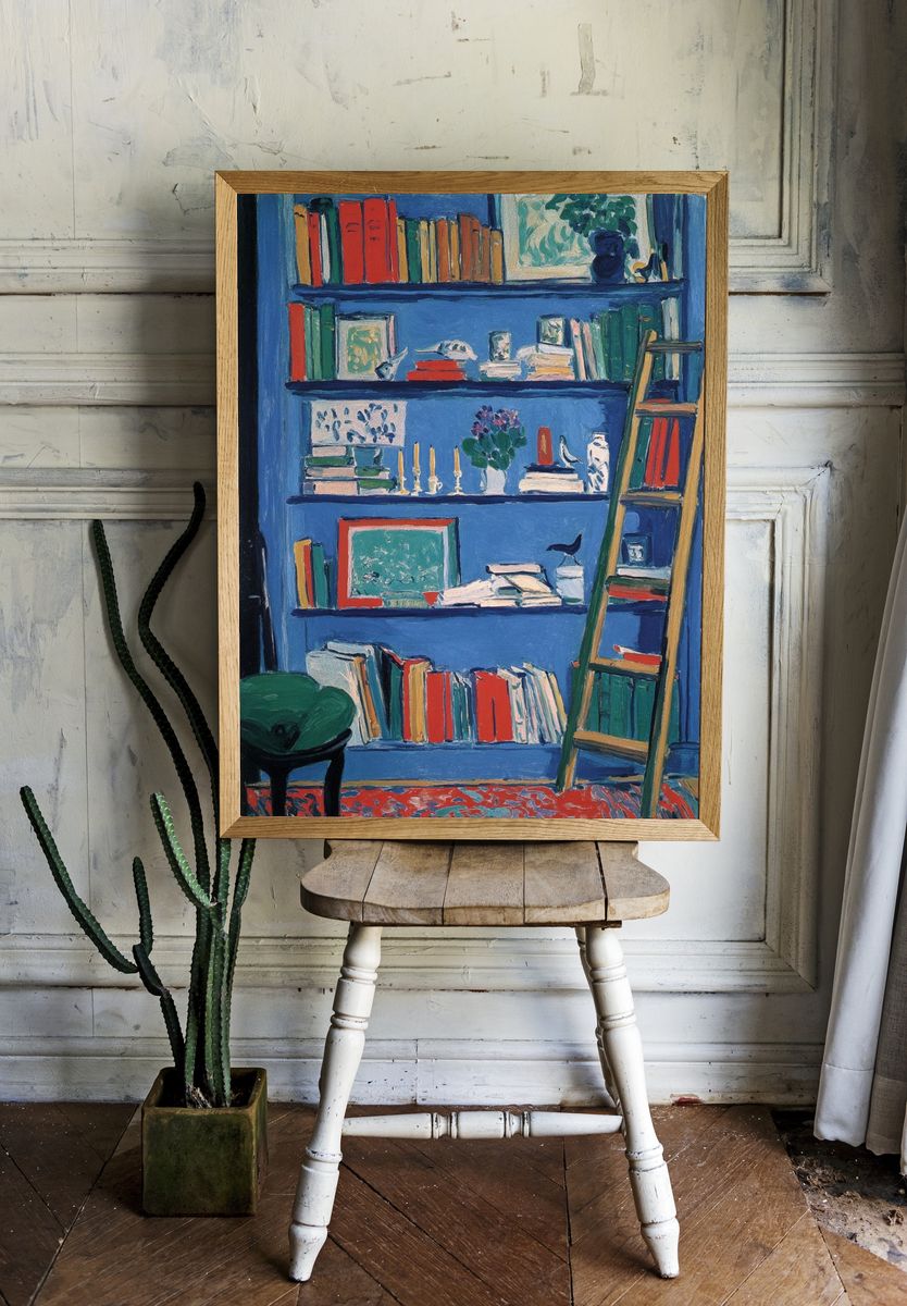 Blue Bookshelf Interior Poster. — room view 1