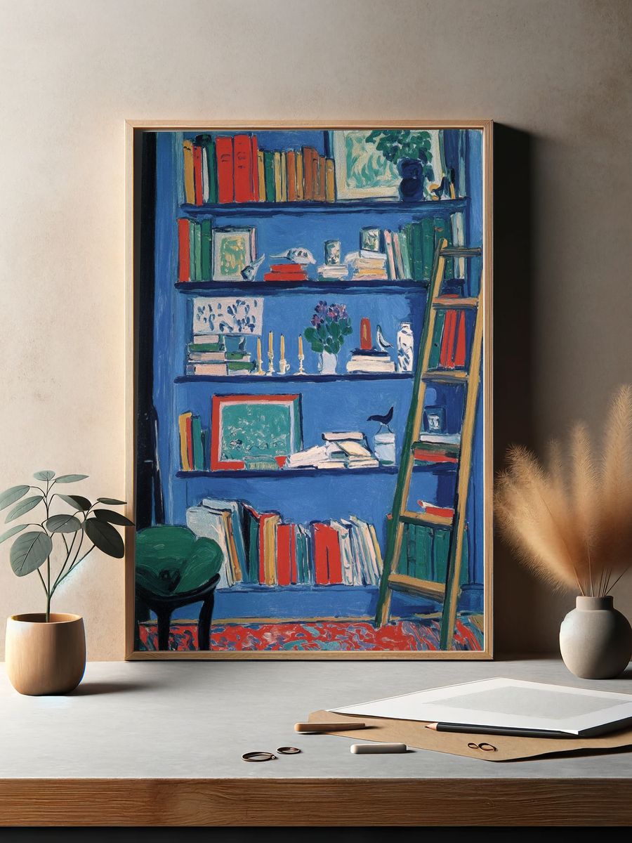 Blue Bookshelf Interior Poster. — room view 2