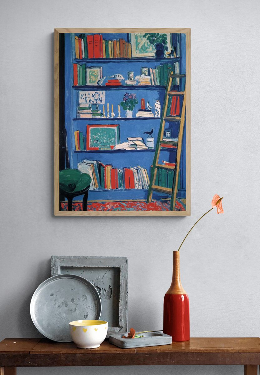 Blue Bookshelf Interior Poster. — room view 3