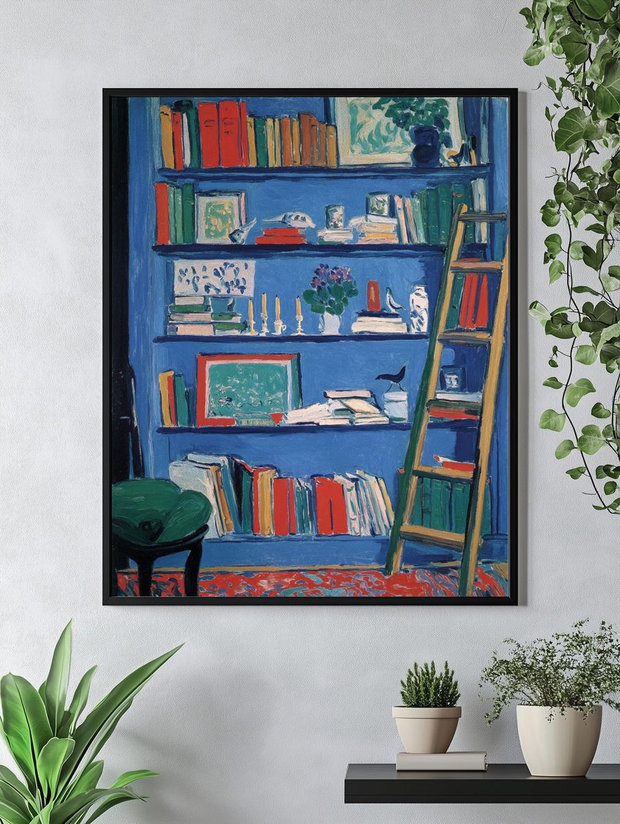 Blue Bookshelf Interior Poster. — room view 4