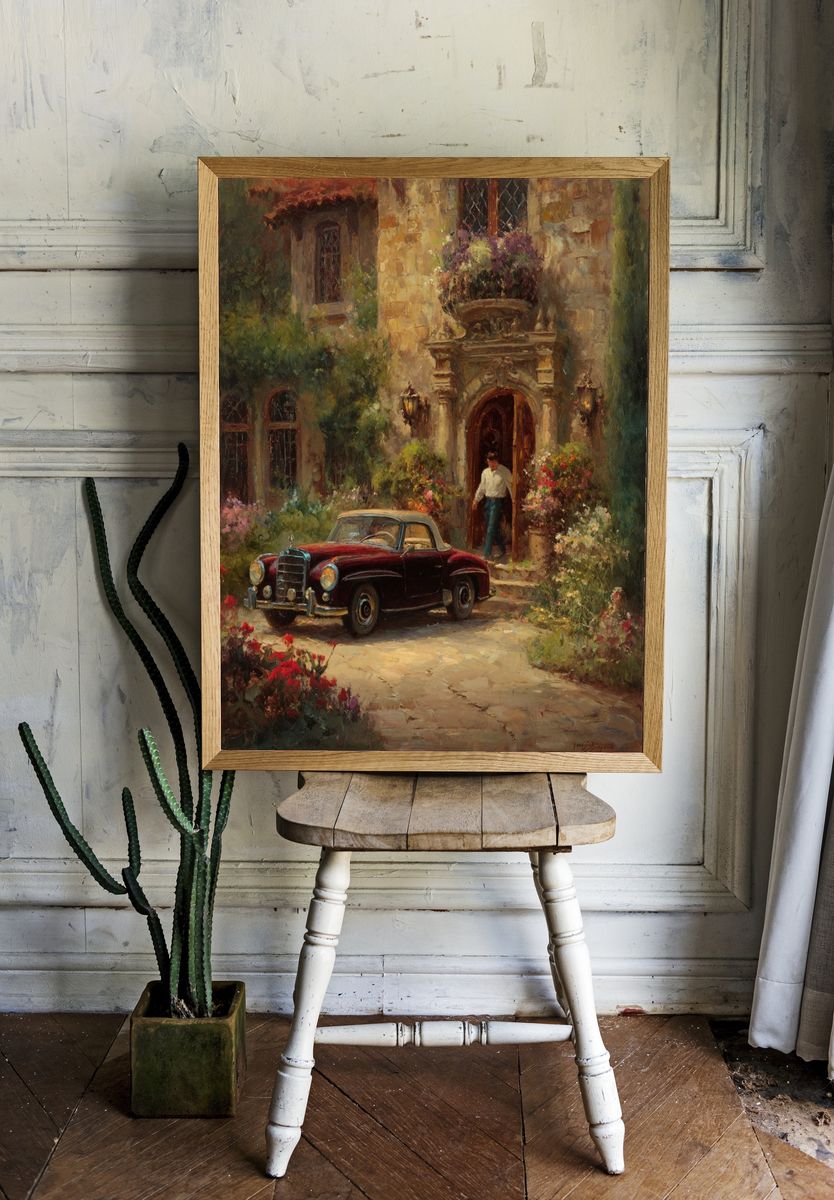 Vintage Car Courtyard Painting Poster. — room view 1
