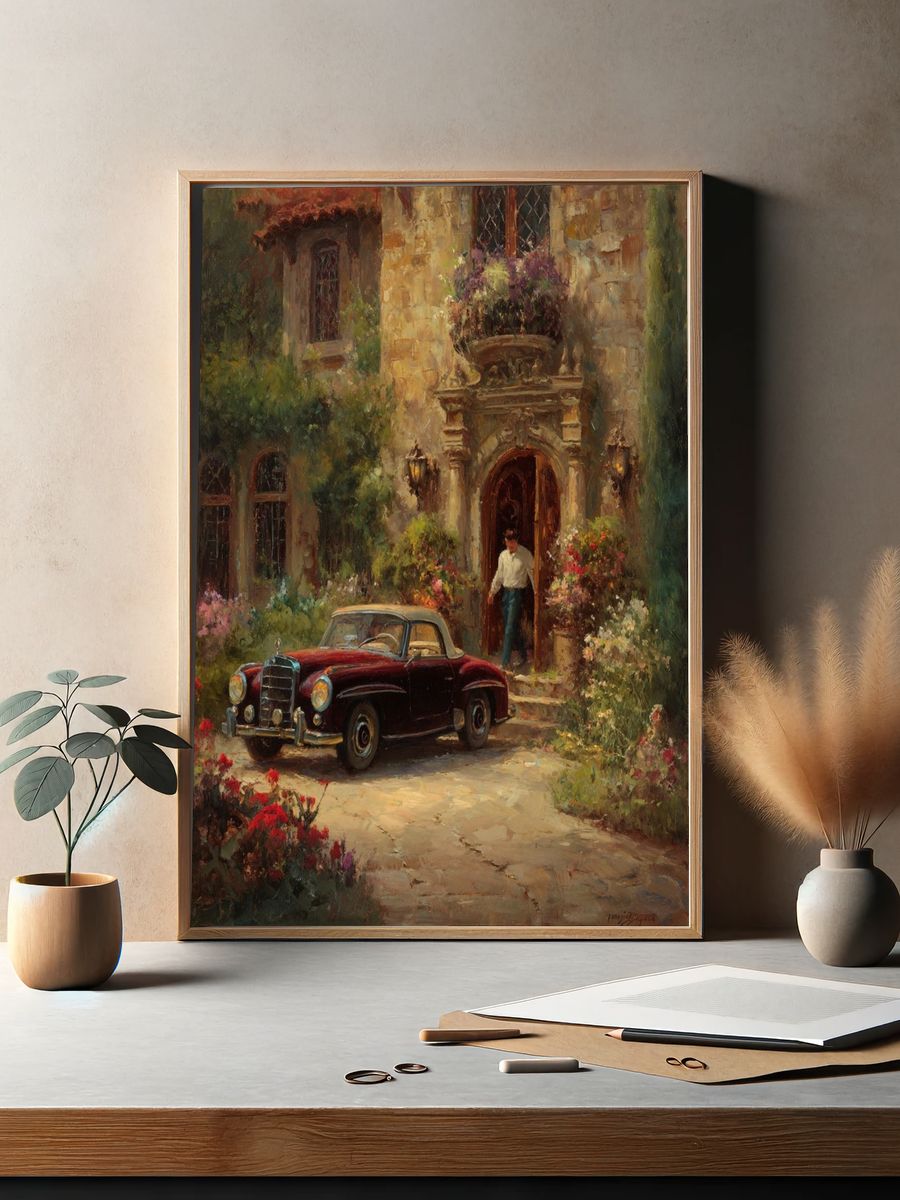 Vintage Car Courtyard Painting Poster. — room view 2