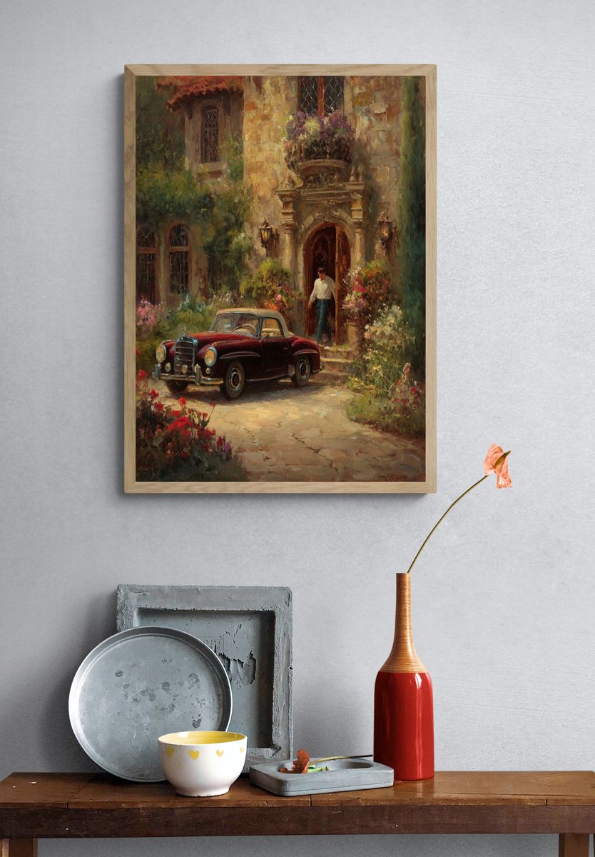 Vintage Car Courtyard Painting Poster. — room view 3