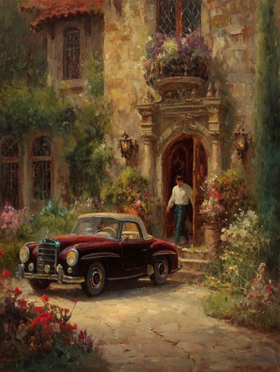Vintage Car Courtyard Painting Poster. poster print