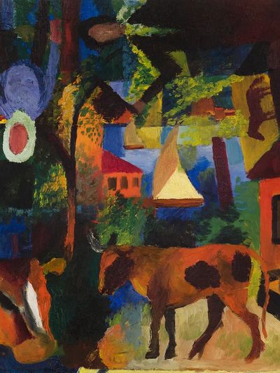 Colorful Landscape with Cows — Fine Art Print. poster