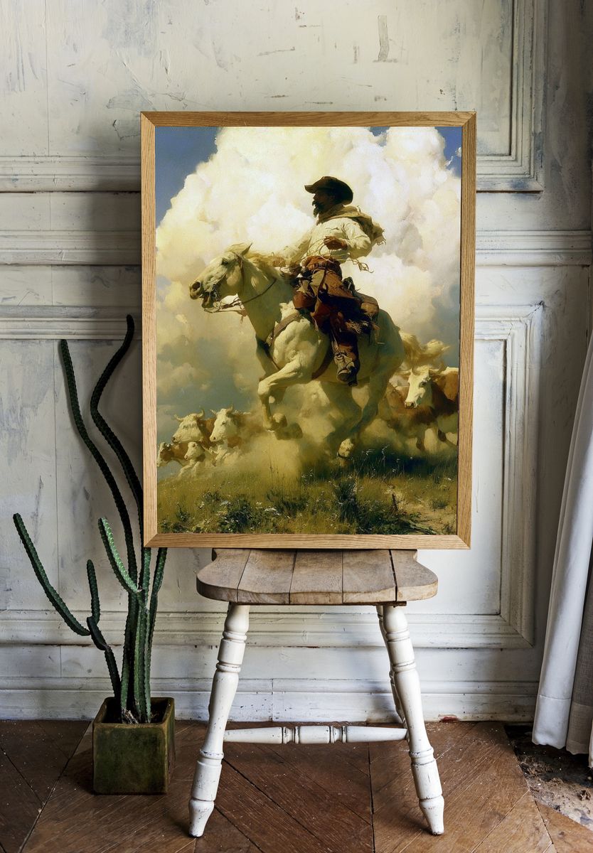 Cowboy Herding Cattle Fine-Art Print. — room view 1
