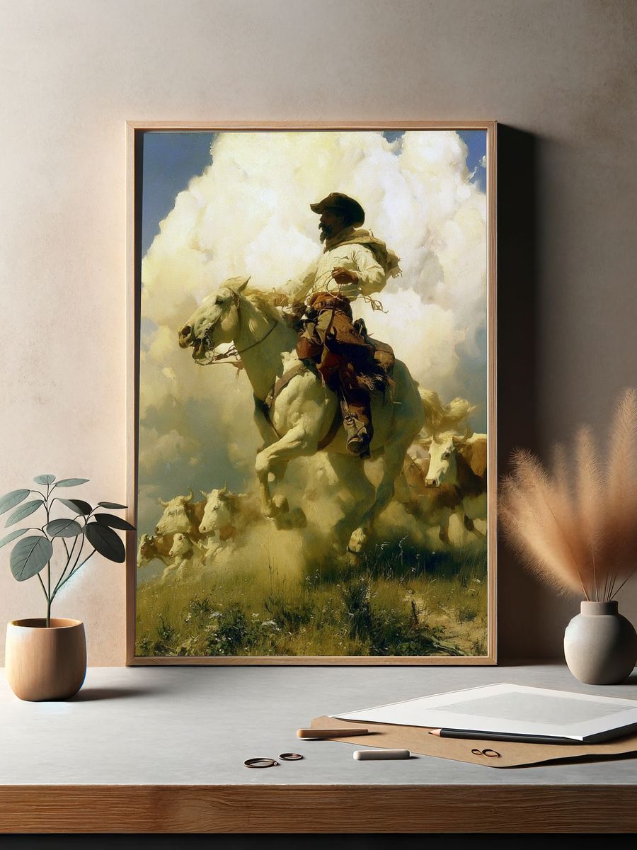 Cowboy Herding Cattle Fine-Art Print. — room view 2