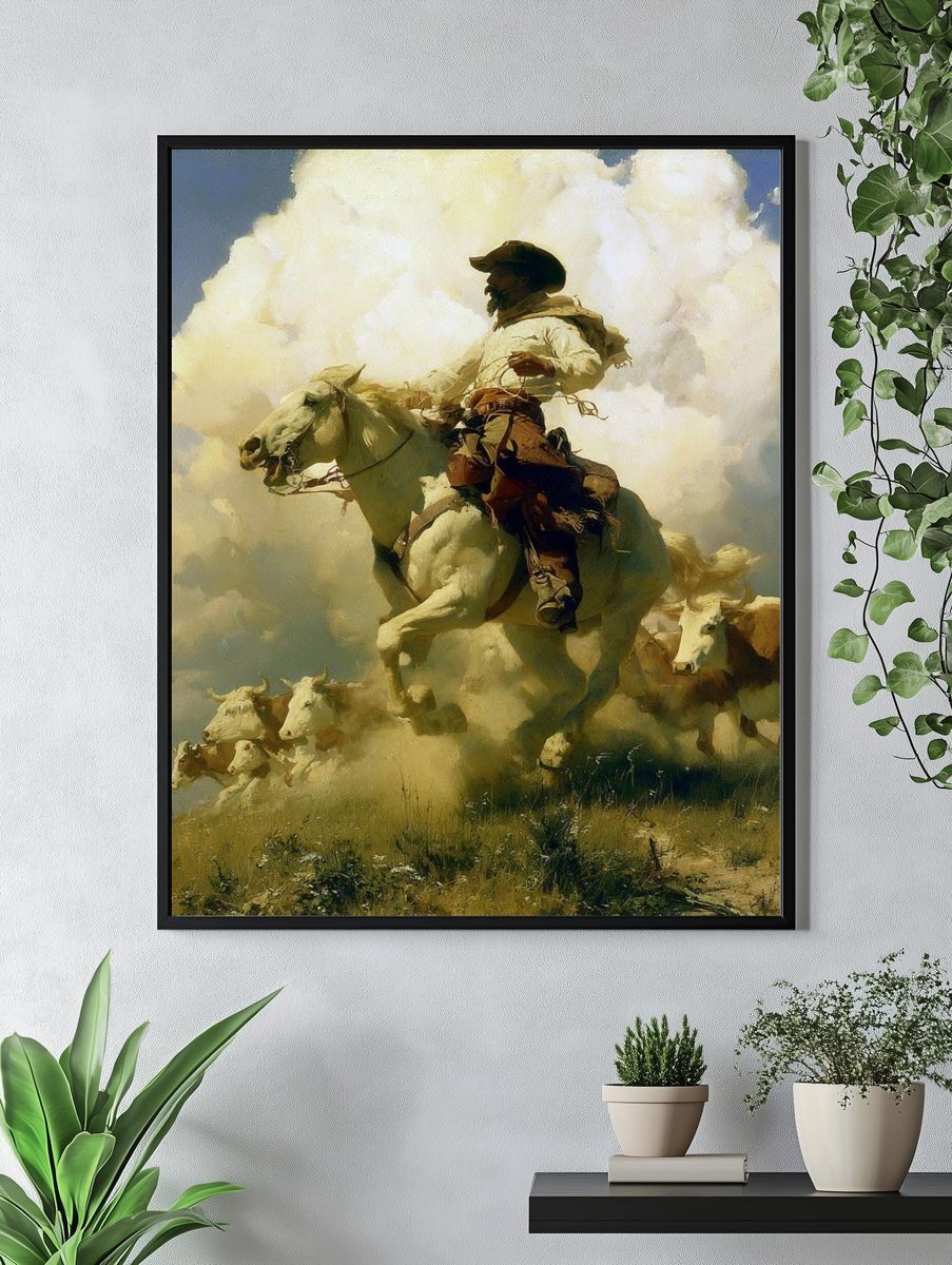 Cowboy Herding Cattle Fine-Art Print. — room view 4