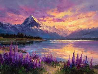 Sunset Mountain Lake Impressionist Poster. poster