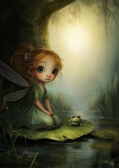 Fairy and Frog — Whimsical Illustration Print. poster