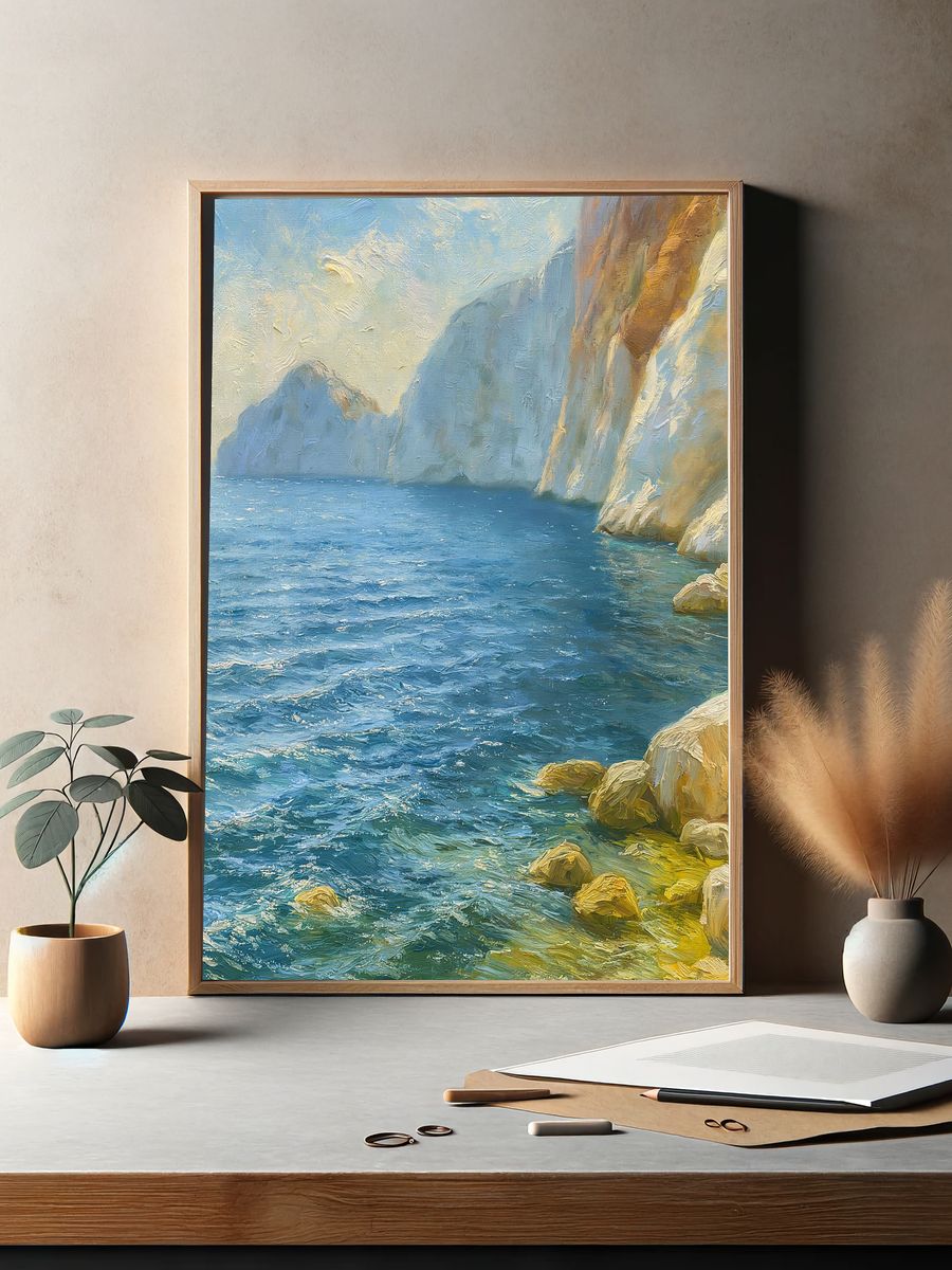 Coastal Cliffs Oil Painting Poster. — room view 2