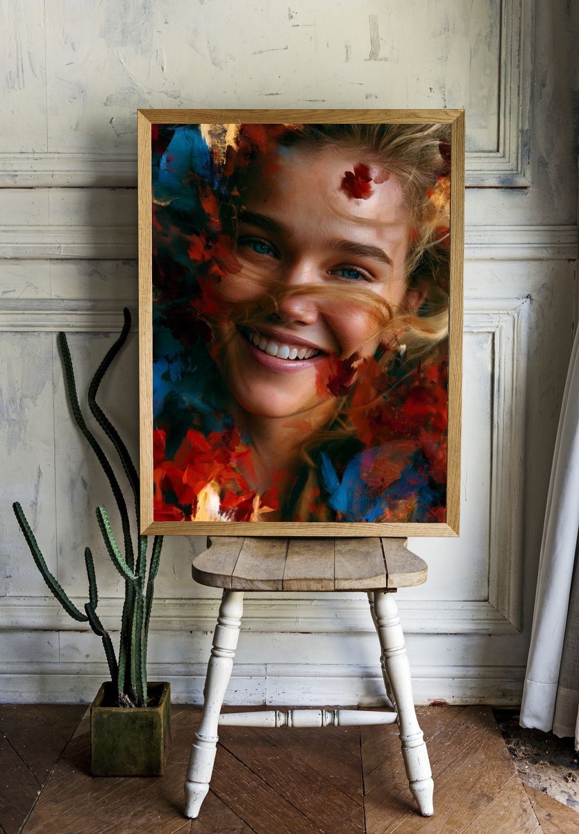 Smiling Girl Floral Portrait Print. — room view 1