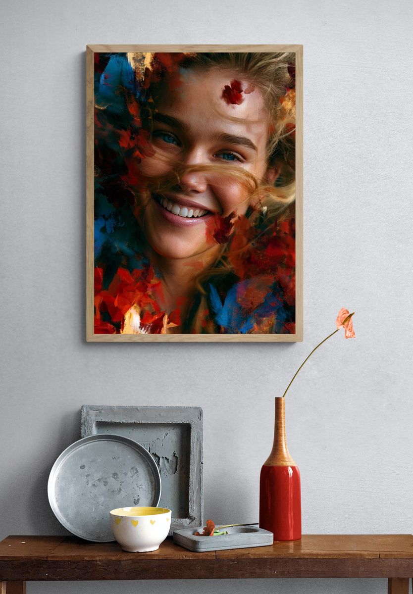 Smiling Girl Floral Portrait Print. — room view 3