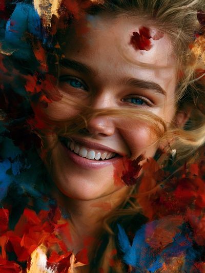 Smiling Girl Floral Portrait Print. poster
