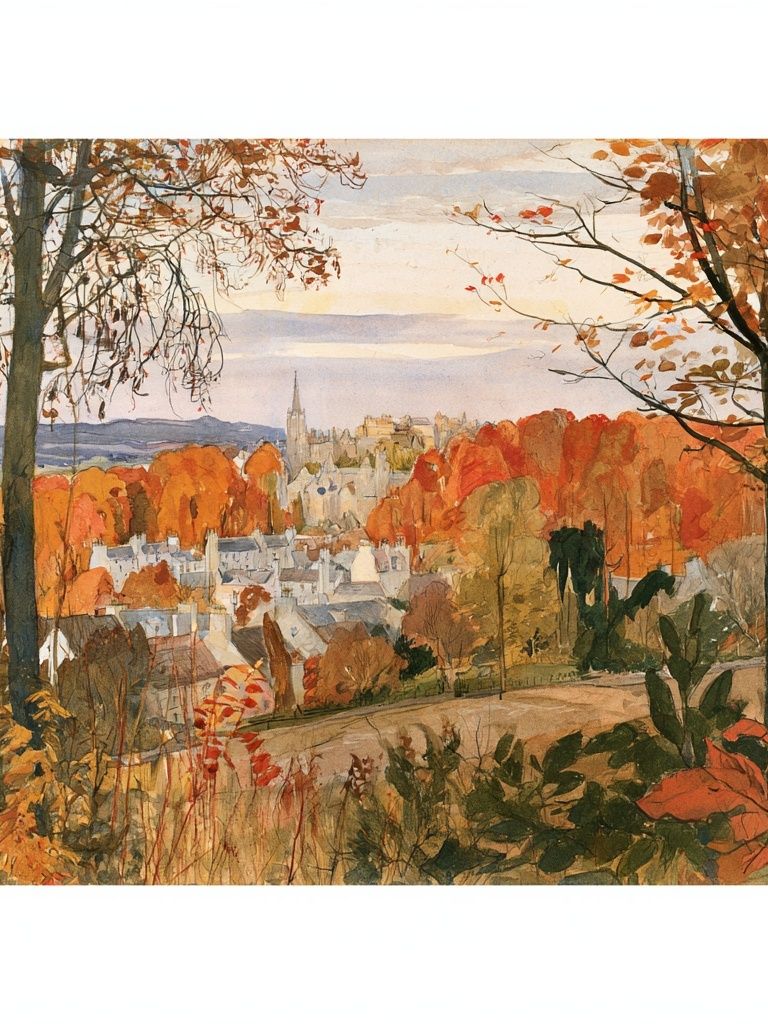 Autumn Cityscape Watercolor Poster. poster detail