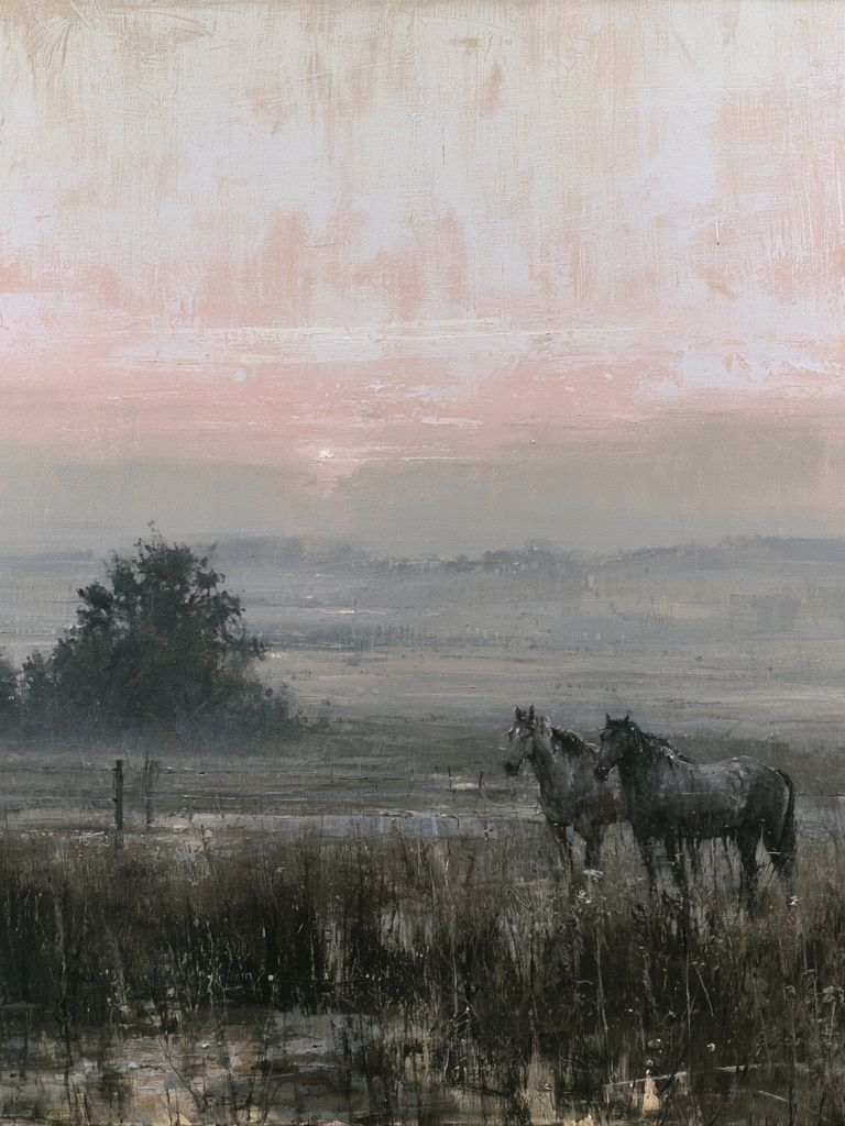 Misty Horses at Dawn Print. poster — fine-art art